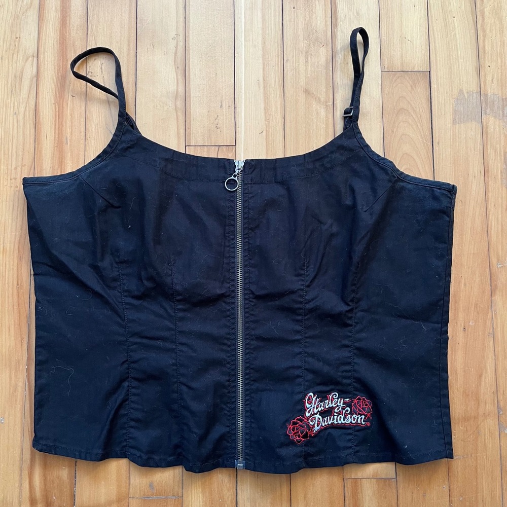 Harley Davidson Black Corset Style Cropped Top With Roses Zipper Size 1W